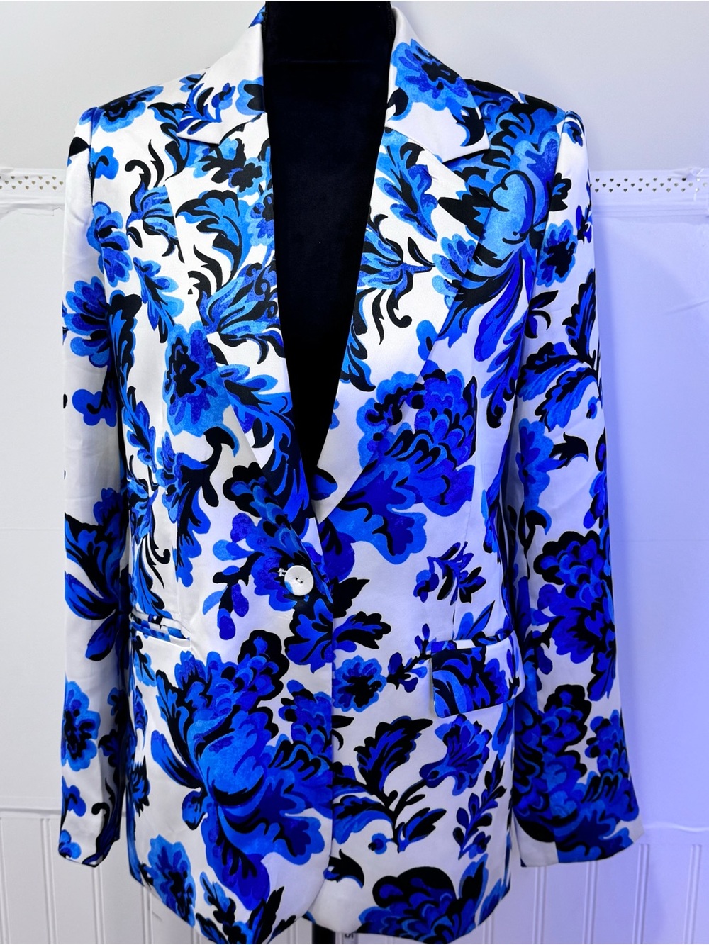 Christian Lacroix Blue Floral Longline Blazer Jacket Size S Statement Chic